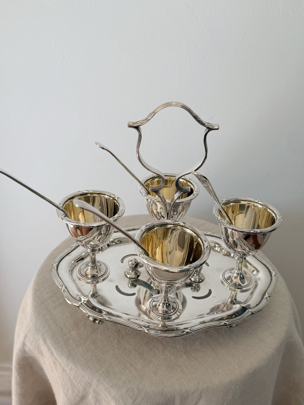 Antique Cruet Set Eggcup Carousel Display with Spoons- Walker & Hall Silverplated