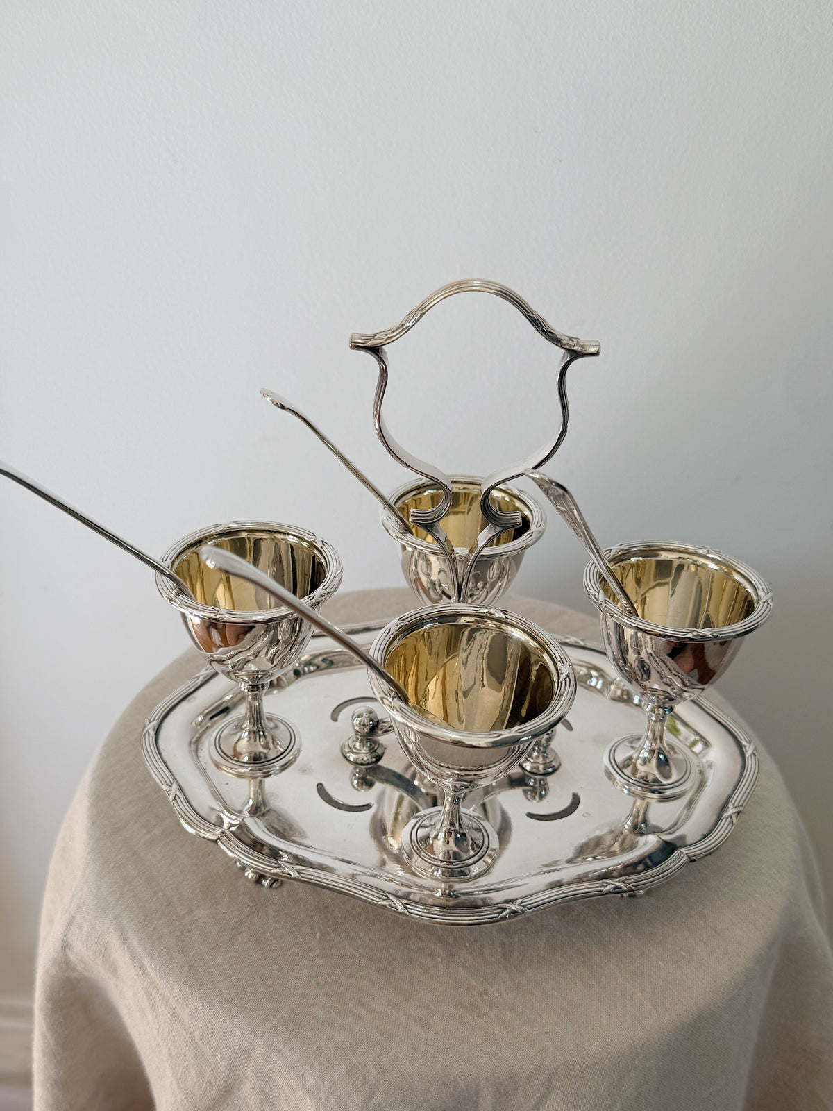 Antique Cruet Set Eggcup Carousel Display with Spoons- Walker & Hall Silverplated