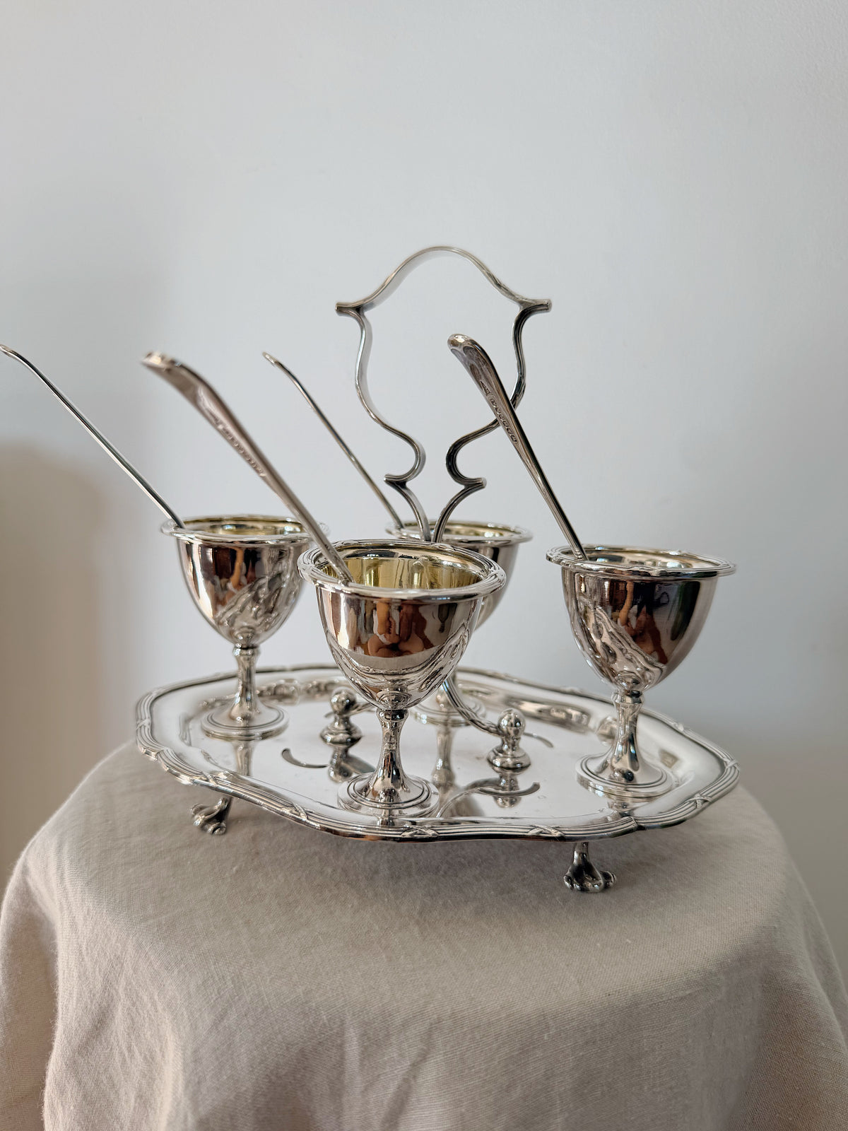 Antique Cruet Set Eggcup Carousel Display with Spoons- Walker & Hall Silverplated