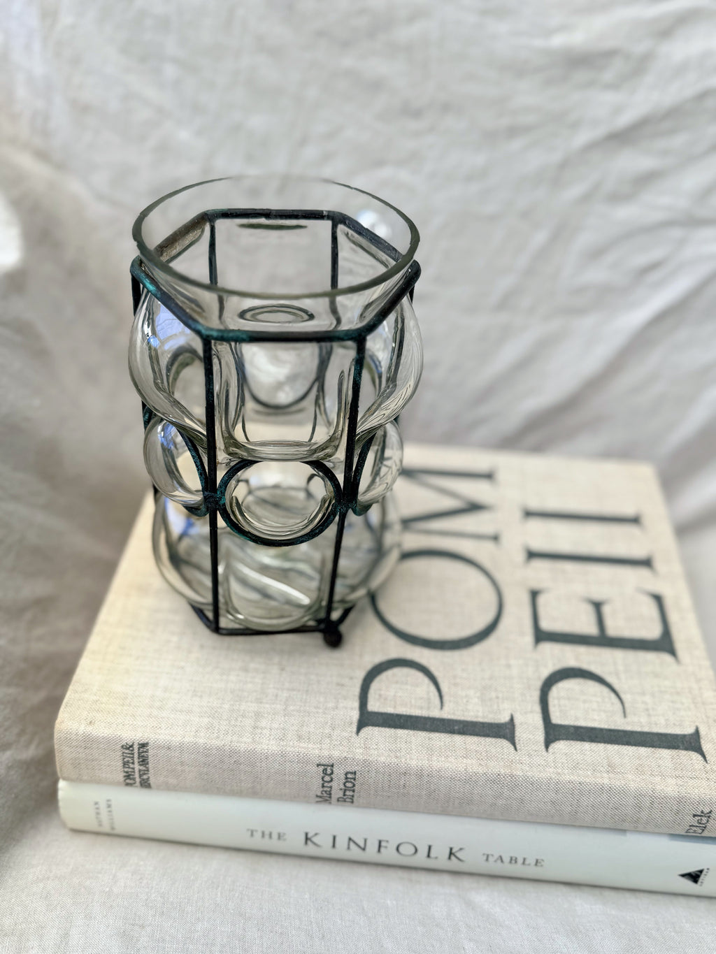 Vintage Handblown Caged Glass Vase Candleholder with Iron