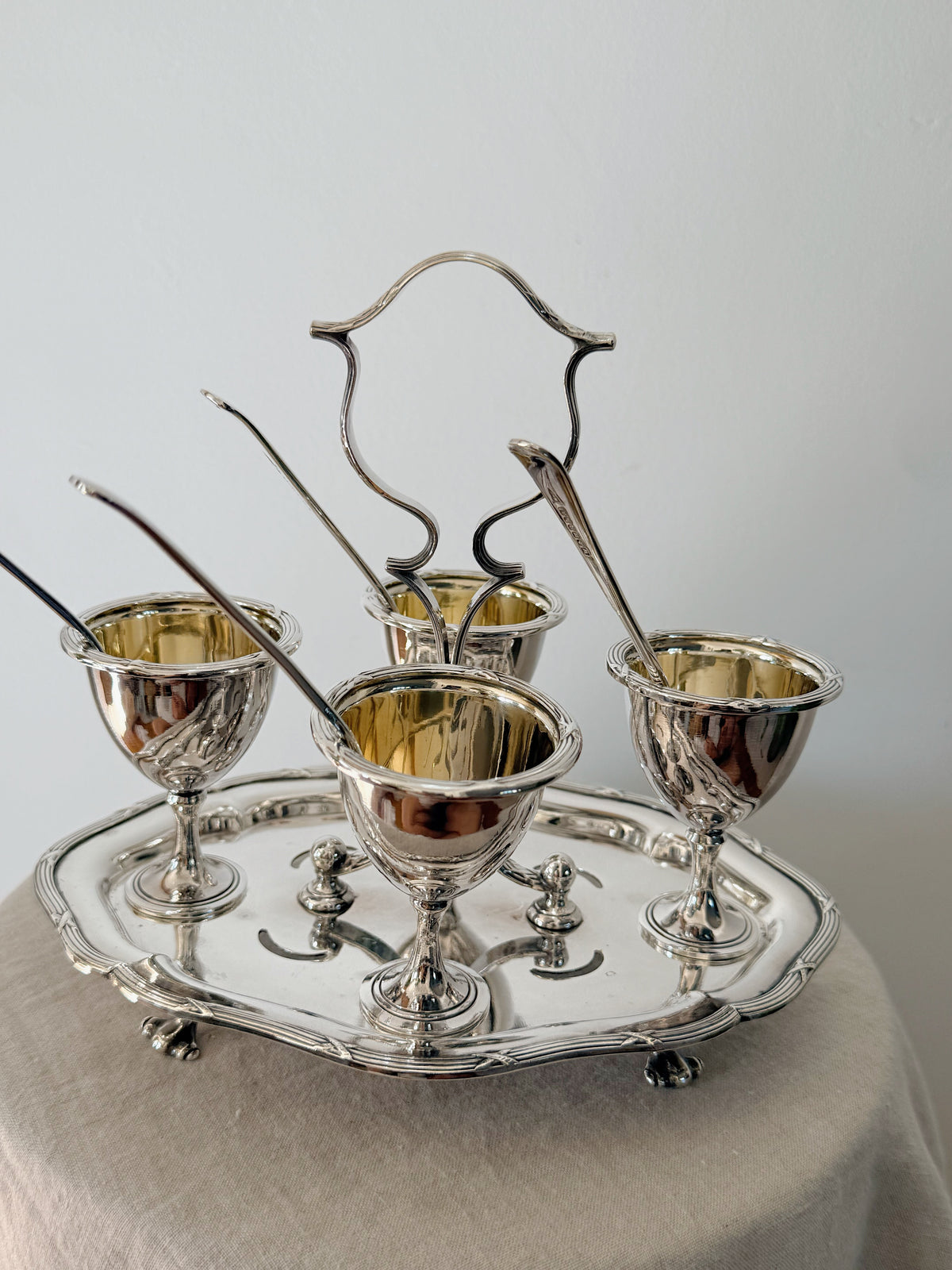 Antique Cruet Set Eggcup Carousel Display with Spoons- Walker & Hall Silverplated