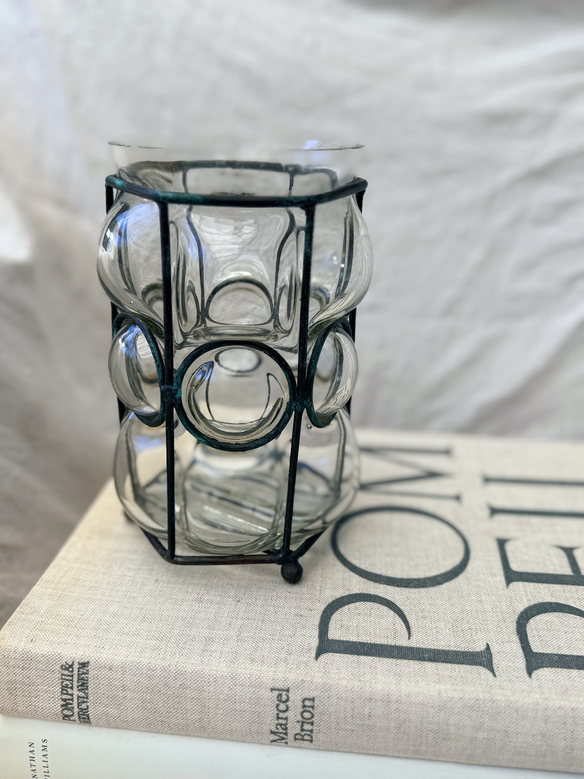 Vintage Handblown Caged Glass Vase Candleholder with Iron