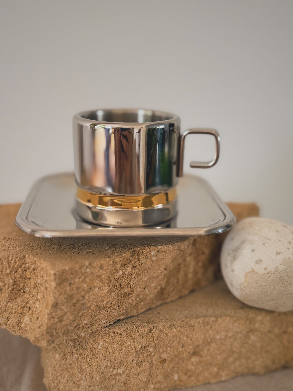 Vintage Zini Stainless Steel Mid Century Coffee Cups & Saucers (Pair)