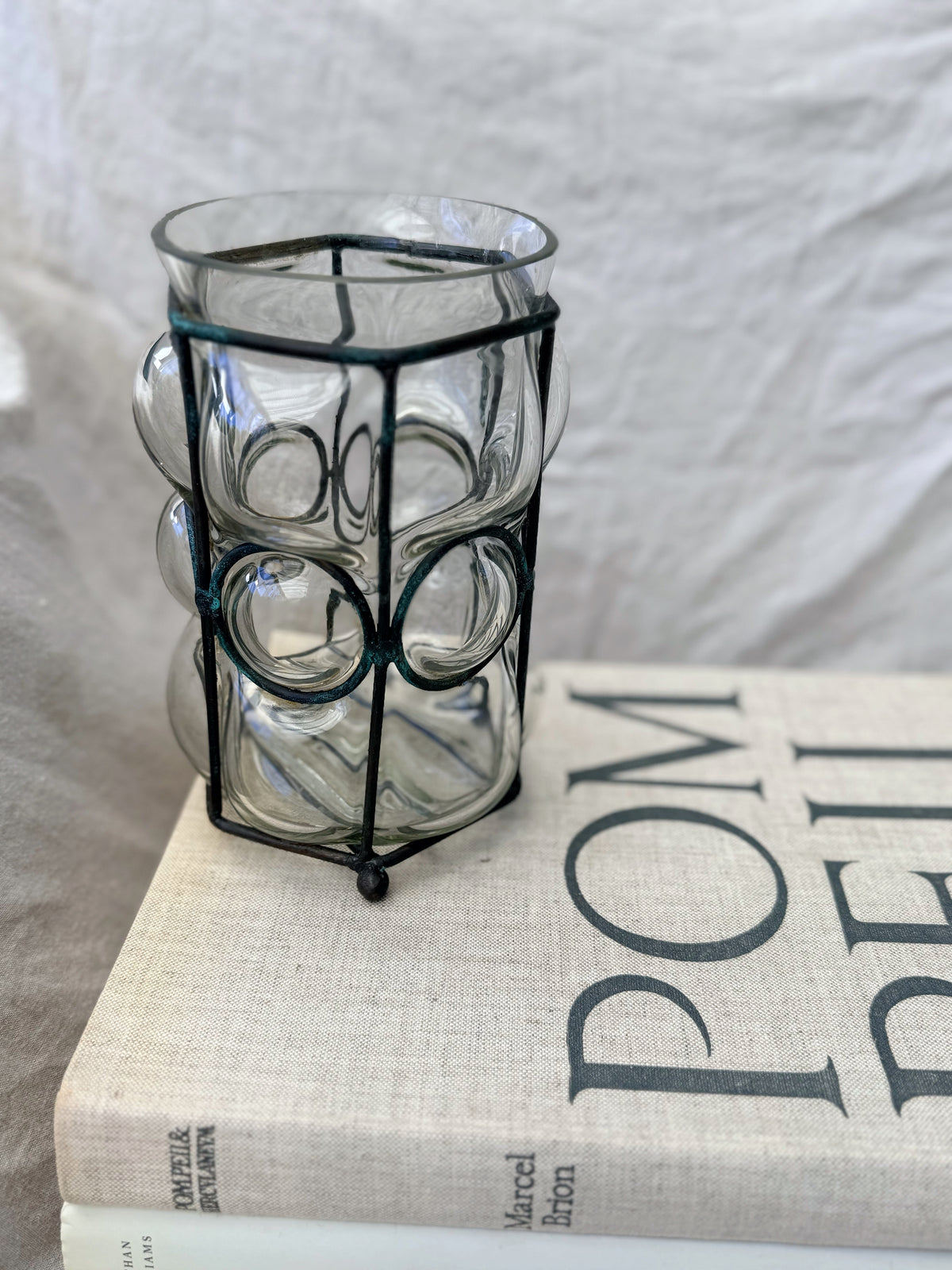 Vintage Handblown Caged Glass Vase Candleholder with Iron