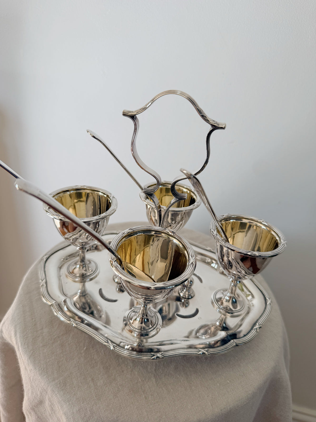 Antique Cruet Set Eggcup Carousel Display with Spoons- Walker & Hall Silverplated