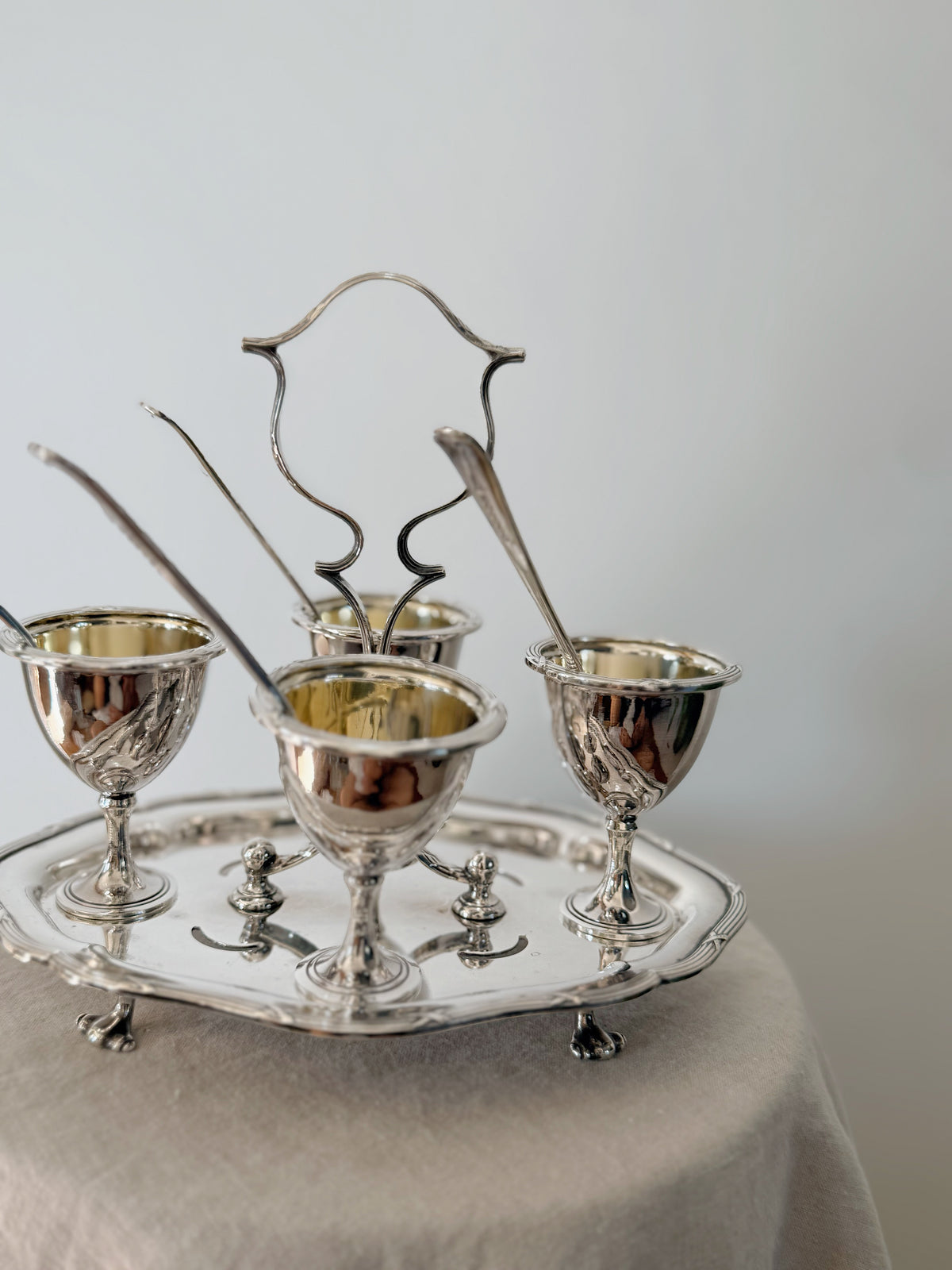 Antique Cruet Set Eggcup Carousel Display with Spoons- Walker & Hall Silverplated