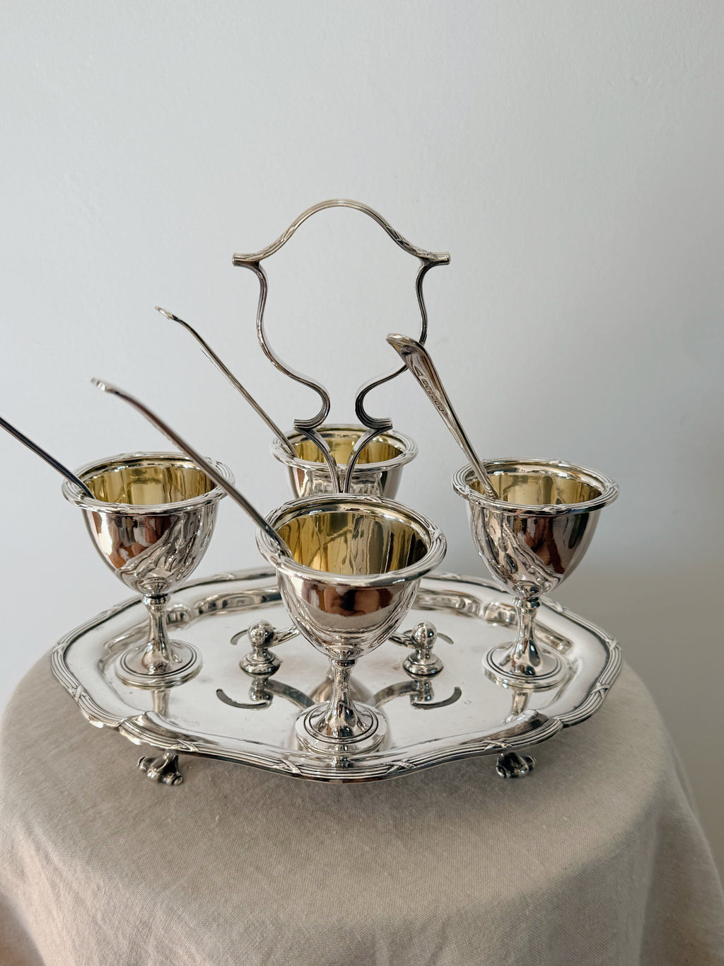 Antique Cruet Set Eggcup Carousel Display with Spoons- Walker & Hall Silverplated