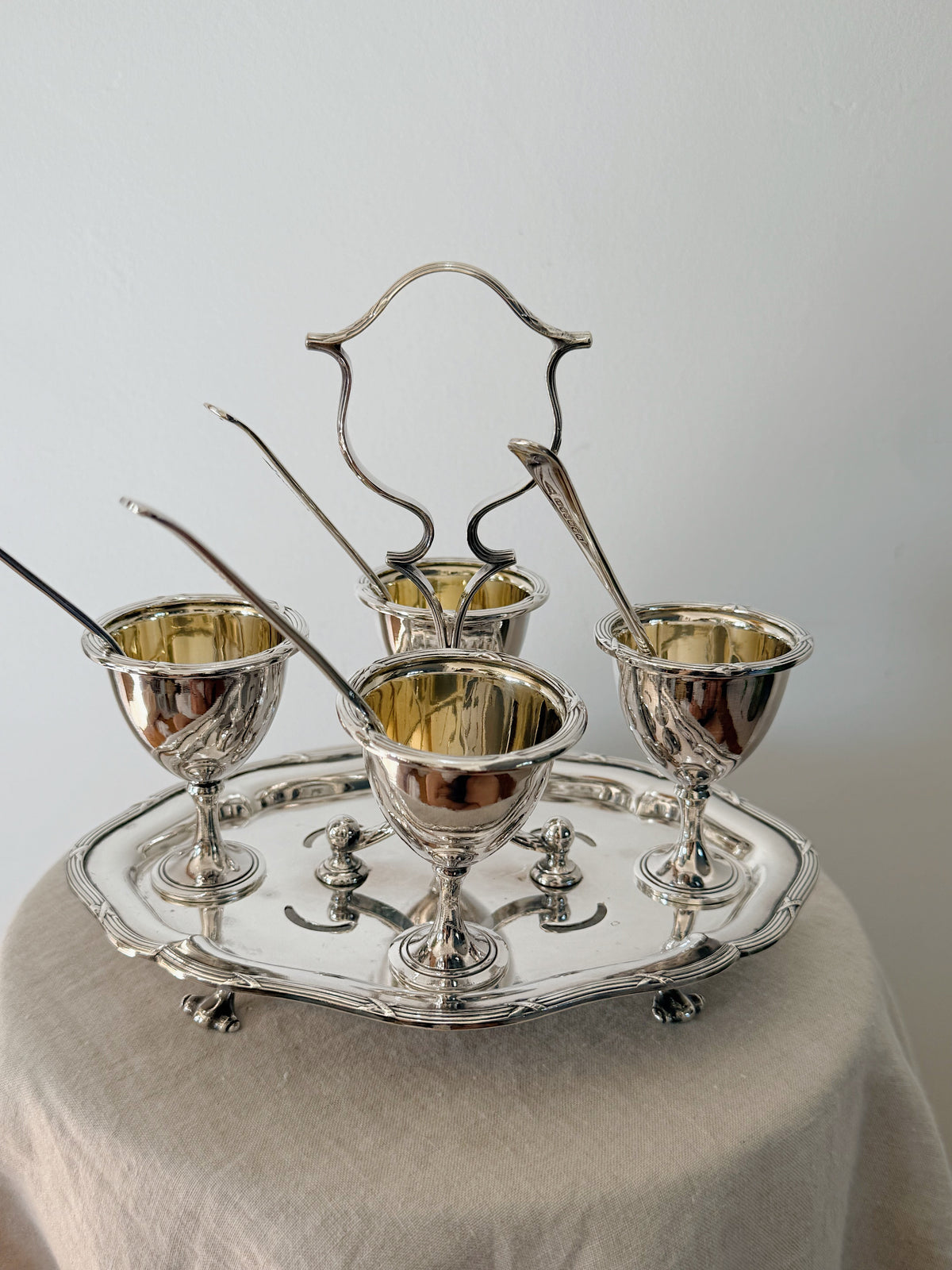 Antique Cruet Set Eggcup Carousel Display with Spoons- Walker & Hall Silverplated