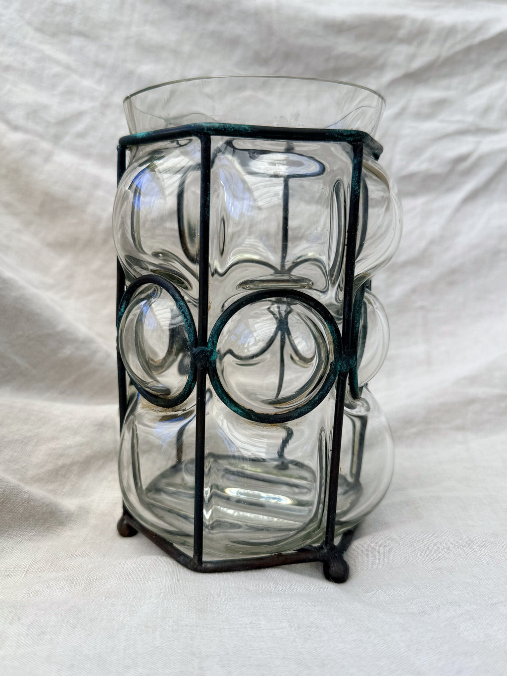 Vintage Handblown Caged Glass Vase Candleholder with Iron