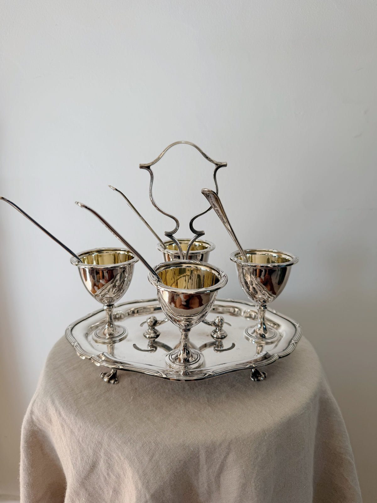 Antique Cruet Set Eggcup Carousel Display with Spoons- Walker & Hall Silverplated