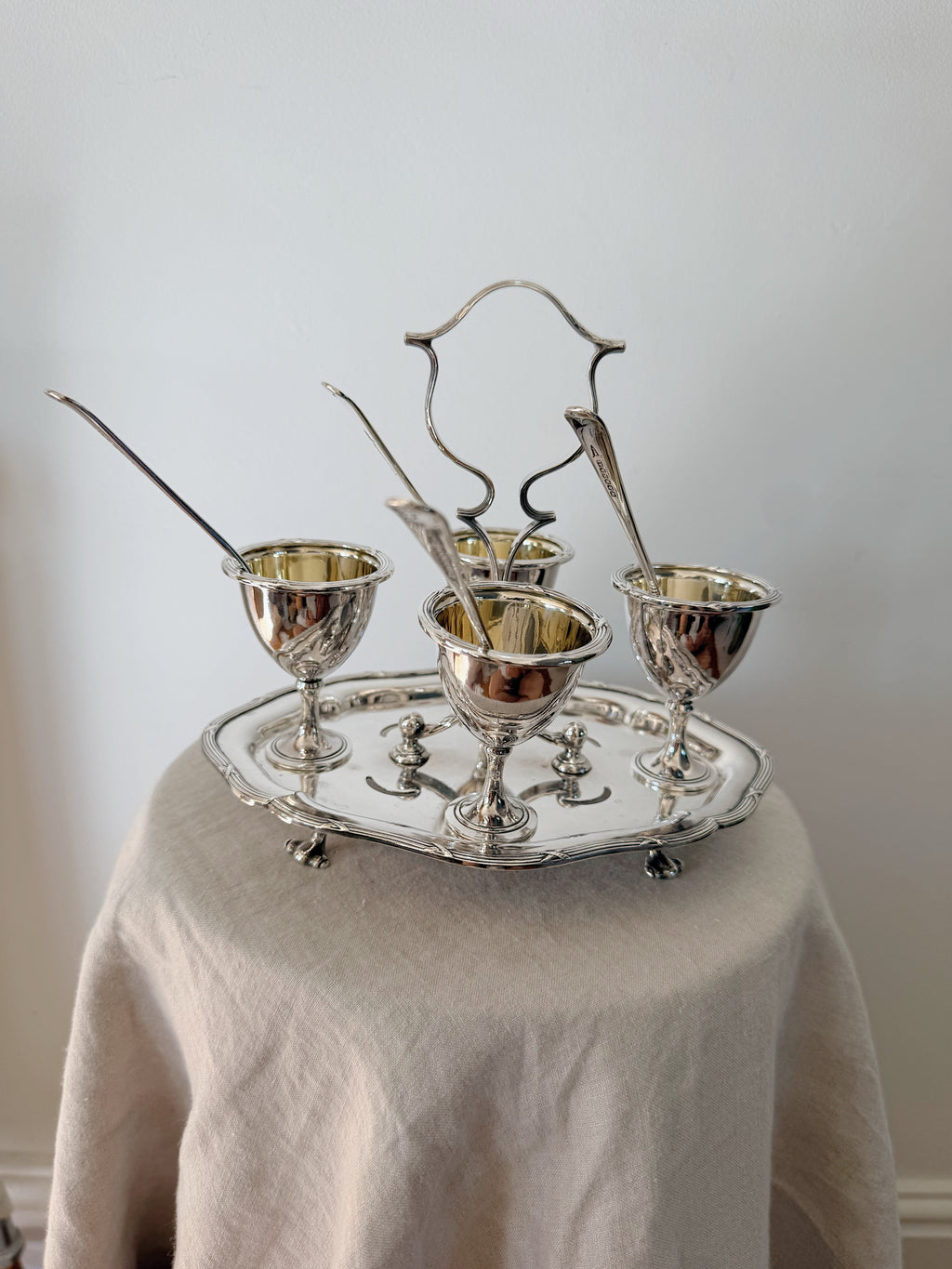 Antique Cruet Set Eggcup Carousel Display with Spoons- Walker & Hall Silverplated