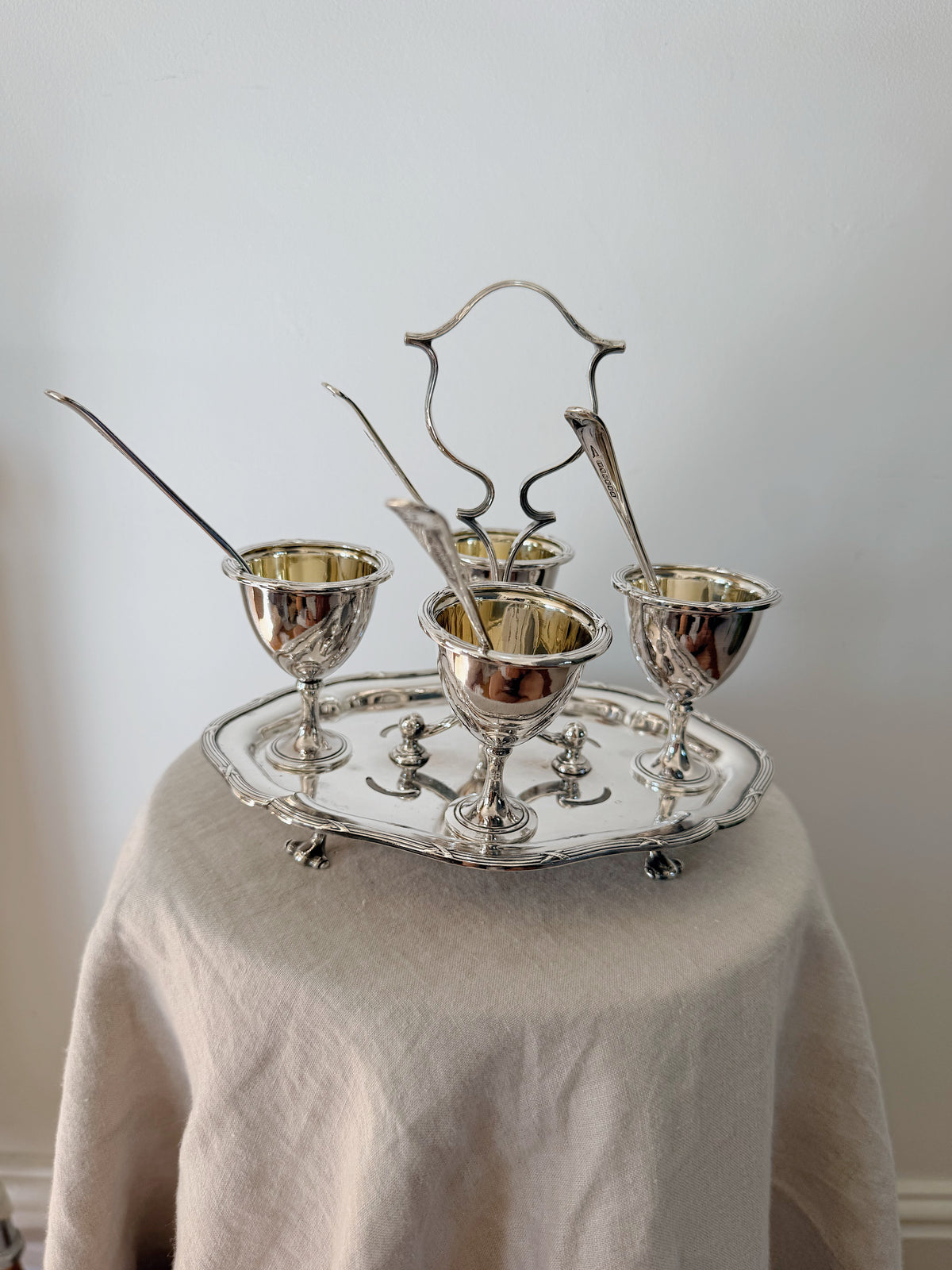 Antique Cruet Set Eggcup Carousel Display with Spoons- Walker & Hall Silverplated