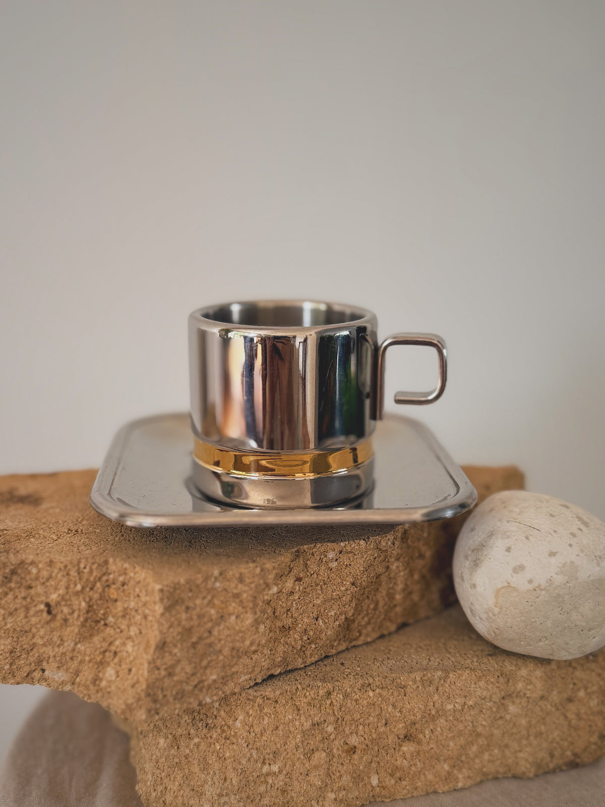 Vintage Zini Stainless Steel Mid Century Coffee Cups & Saucers (Pair)