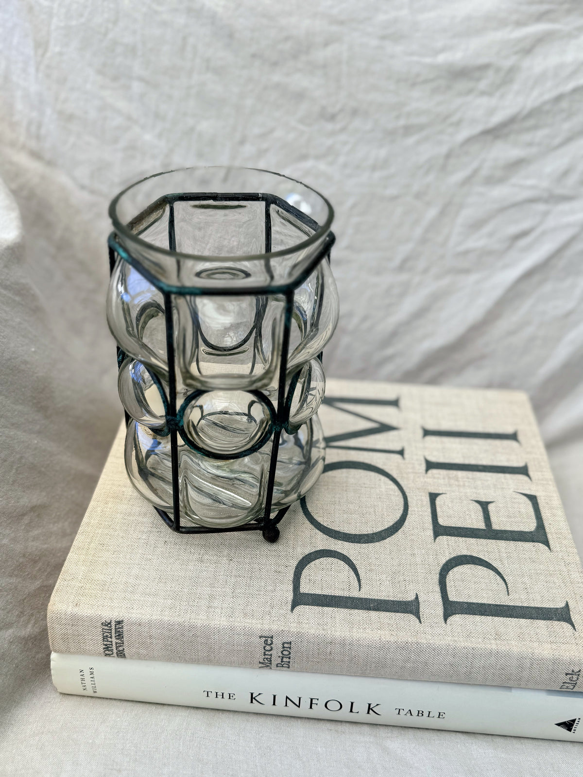 Vintage Handblown Caged Glass Vase Candleholder with Iron
