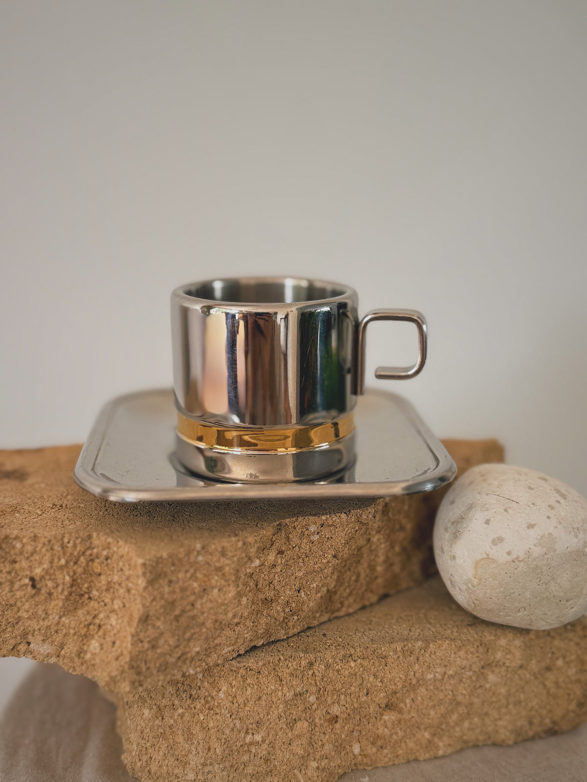 Vintage Zini Stainless Steel Mid Century Coffee Cups & Saucers (Pair)