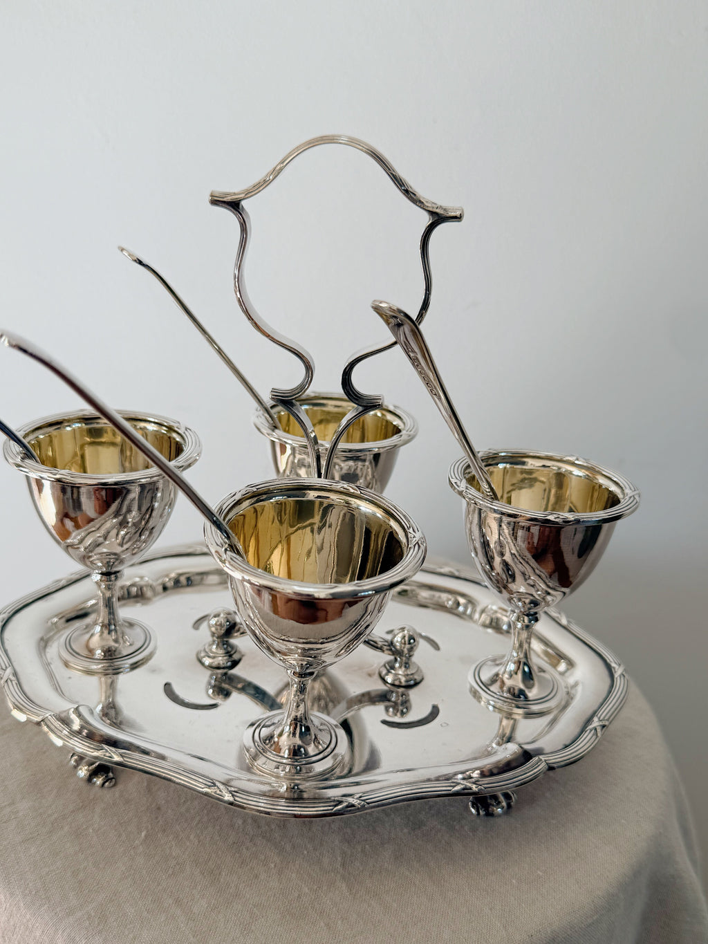 Antique Cruet Set Eggcup Carousel Display with Spoons- Walker & Hall Silverplated