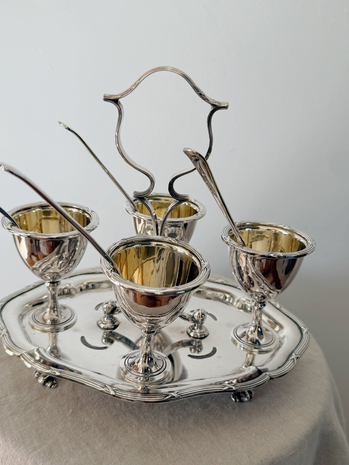 Antique Cruet Set Eggcup Carousel Display with Spoons- Walker & Hall Silverplated