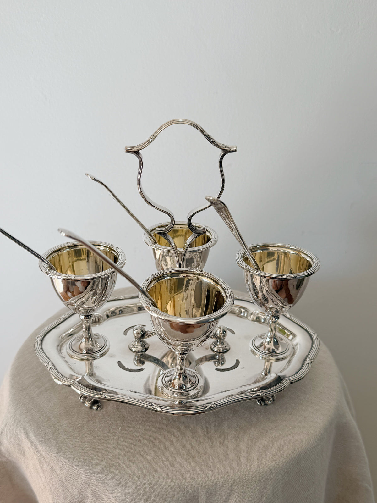 Antique Cruet Set Eggcup Carousel Display with Spoons- Walker & Hall Silverplated