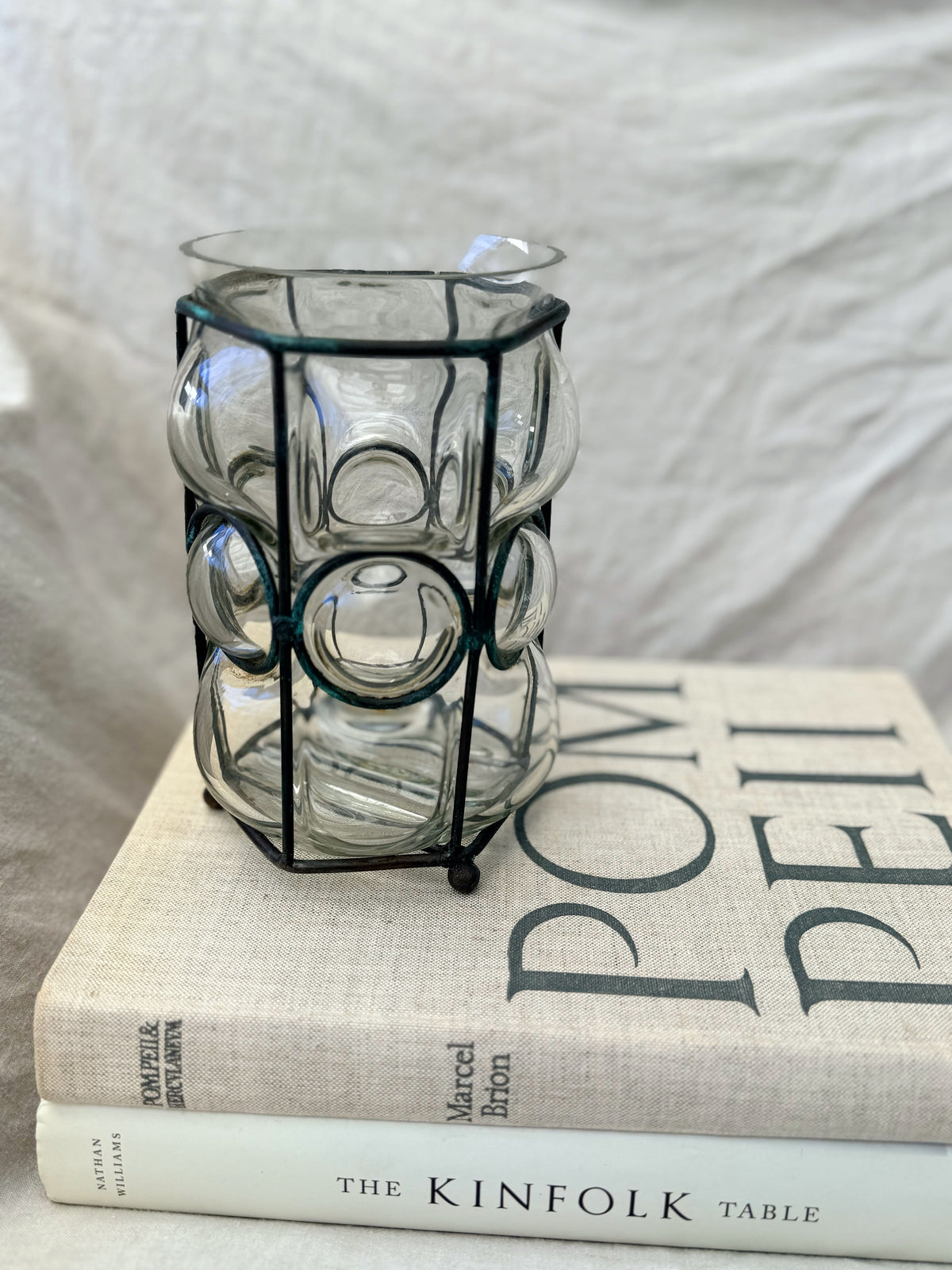 Vintage Handblown Caged Glass Vase Candleholder with Iron