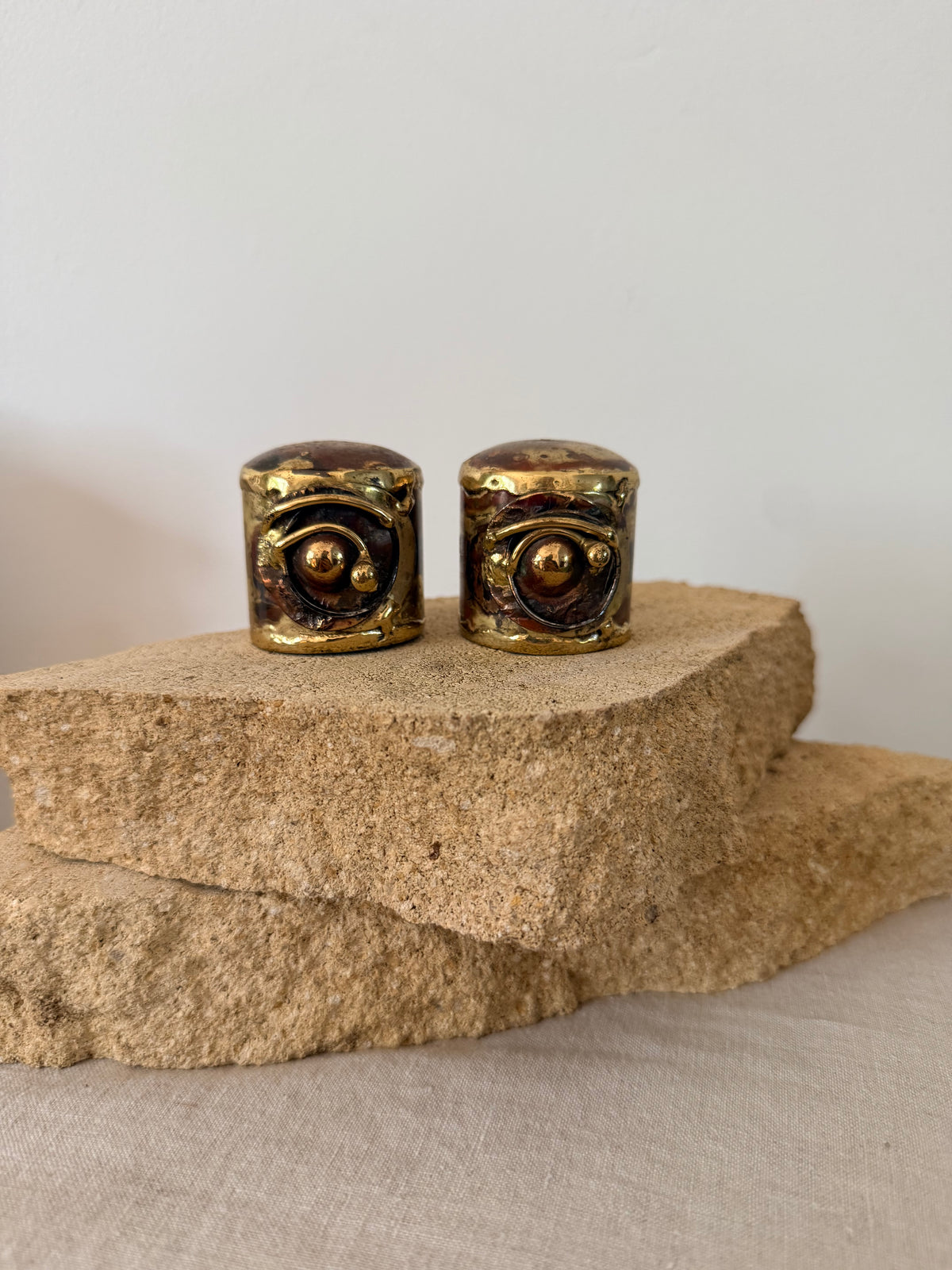 Vintage Mid Century Brutalist Salt and Pepper Eye Shakers