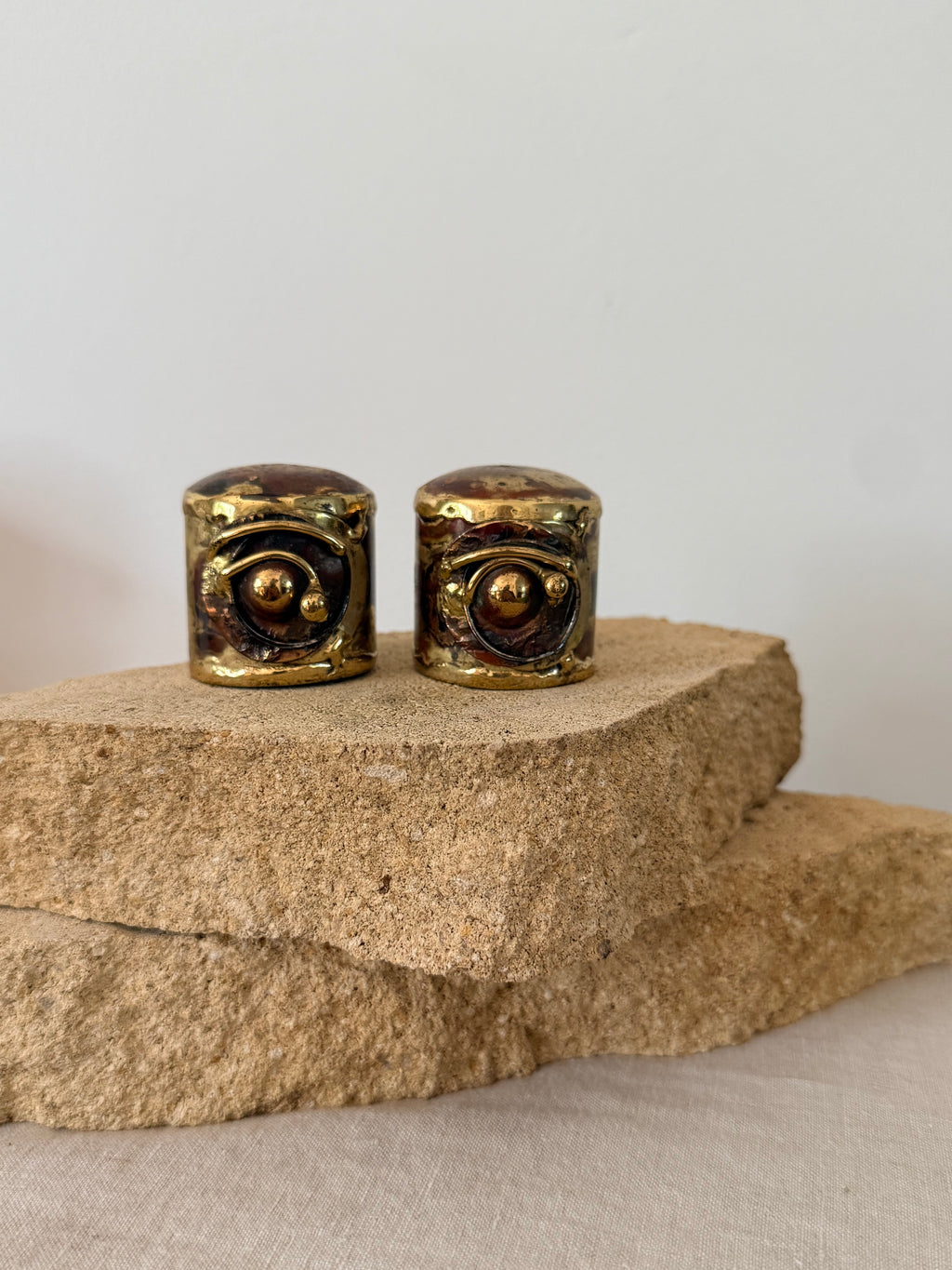 Vintage Mid Century Brutalist Salt and Pepper Eye Shakers
