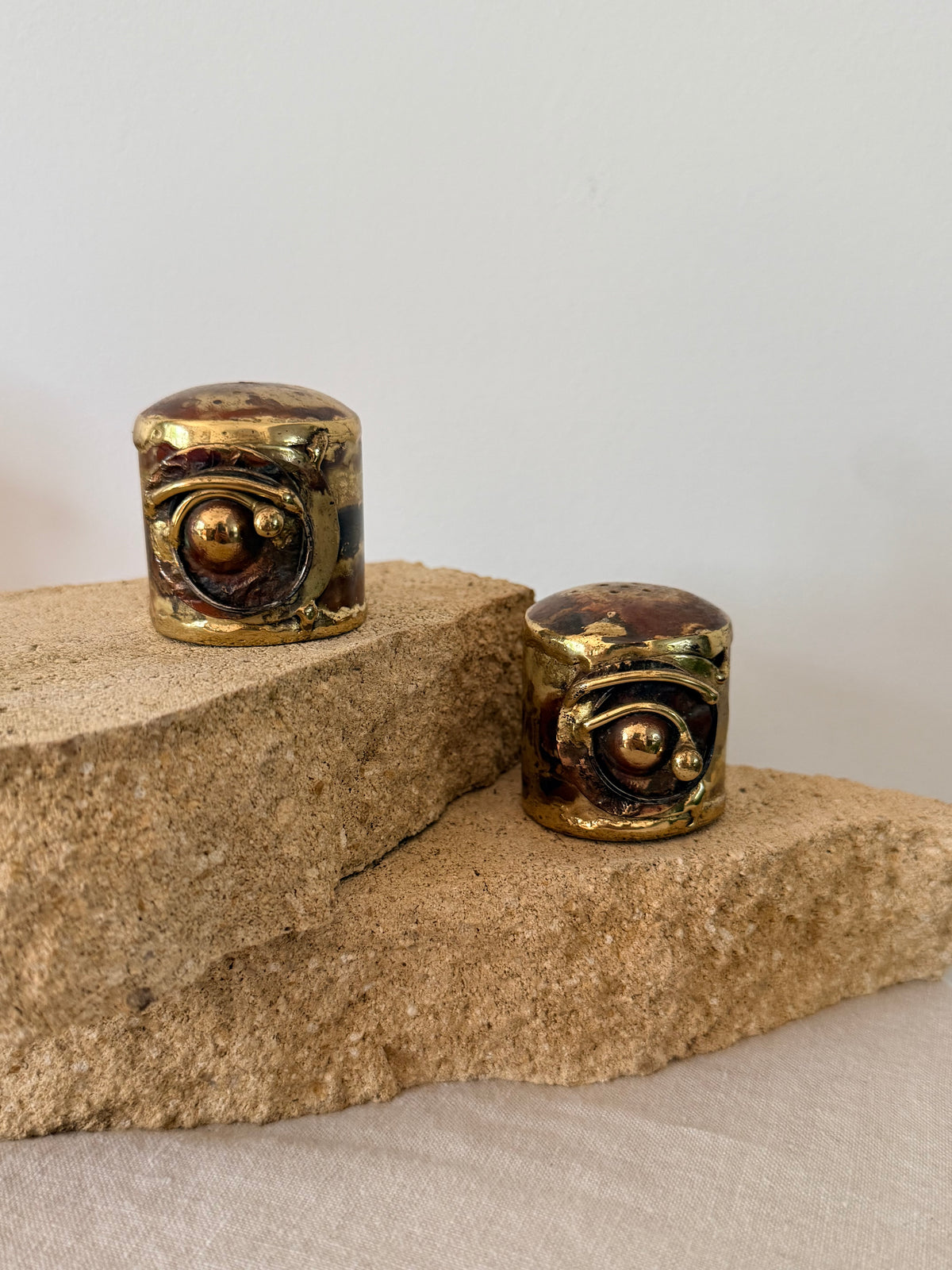 Vintage Mid Century Brutalist Salt and Pepper Eye Shakers