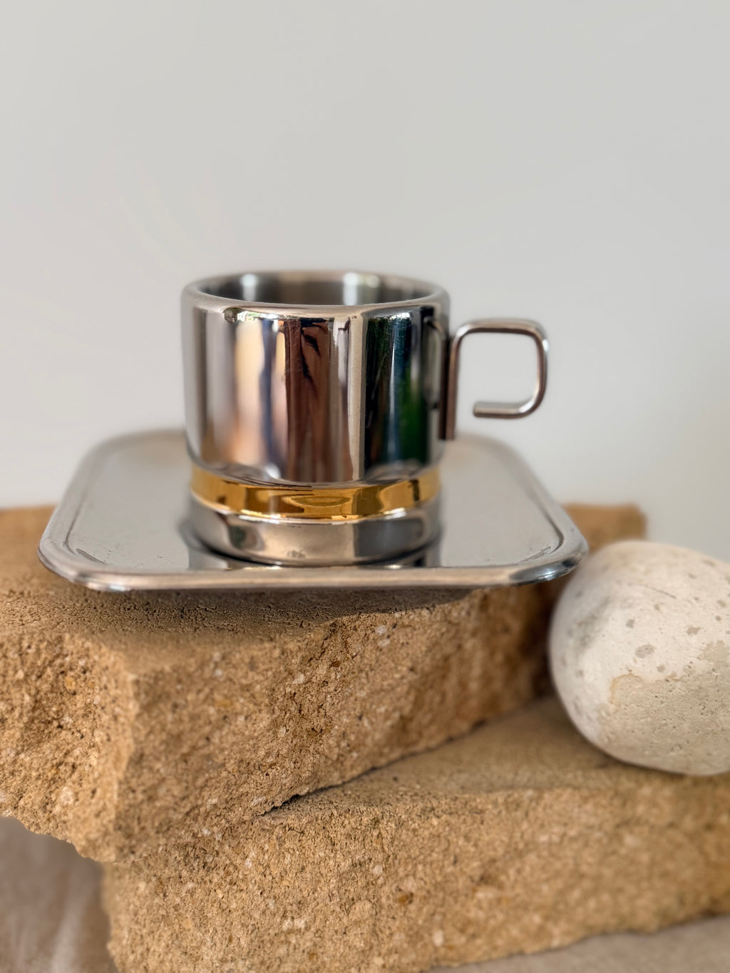 Vintage Zini Stainless Steel Mid Century Coffee Cups & Saucers (Pair)