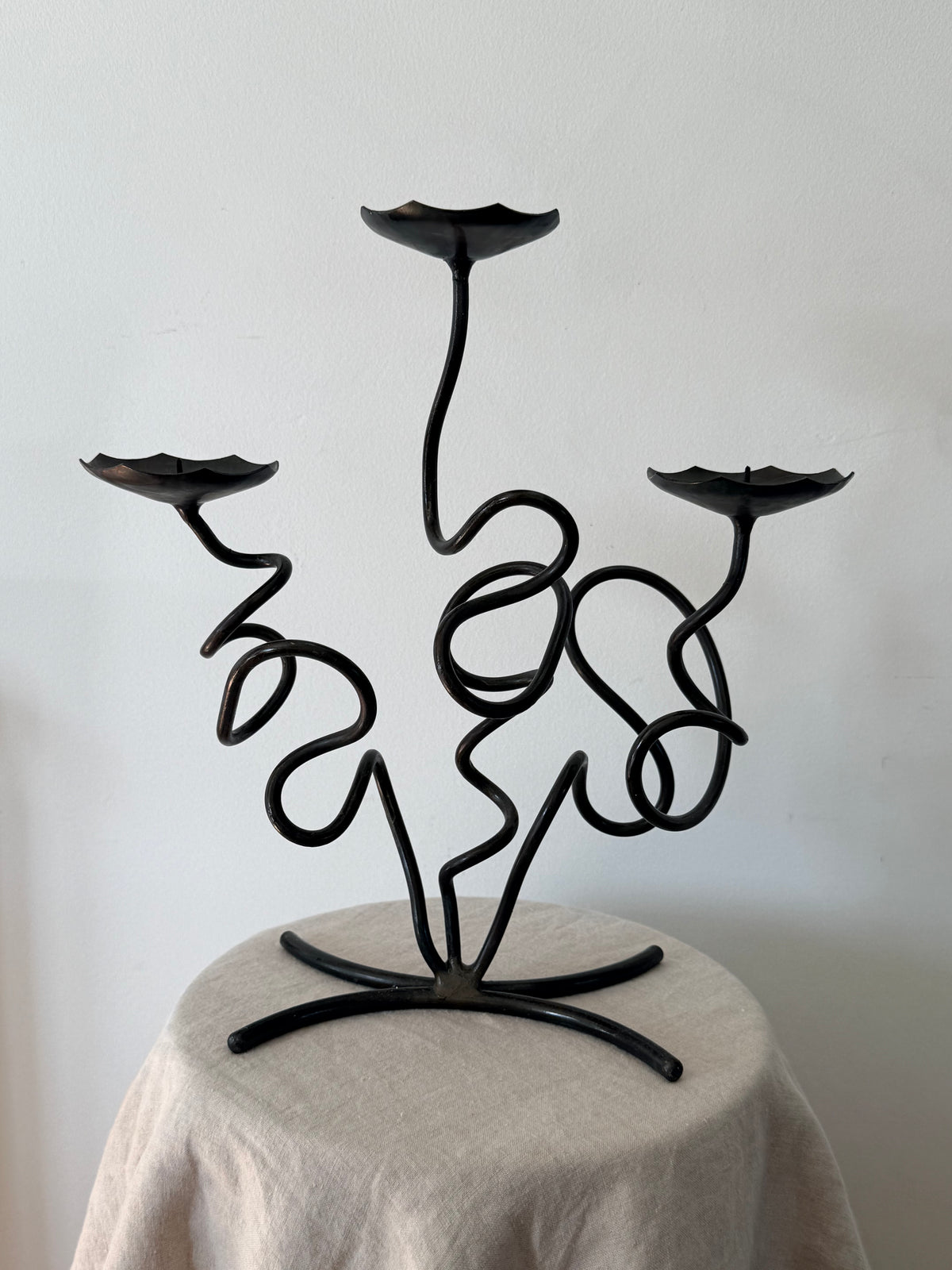 Vintage Sculptural Wrought Iron Twist Candelabra - Three Candle