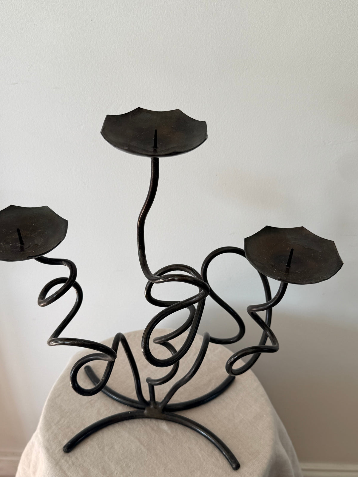 Vintage Sculptural Wrought Iron Twist Candelabra - Three Candle