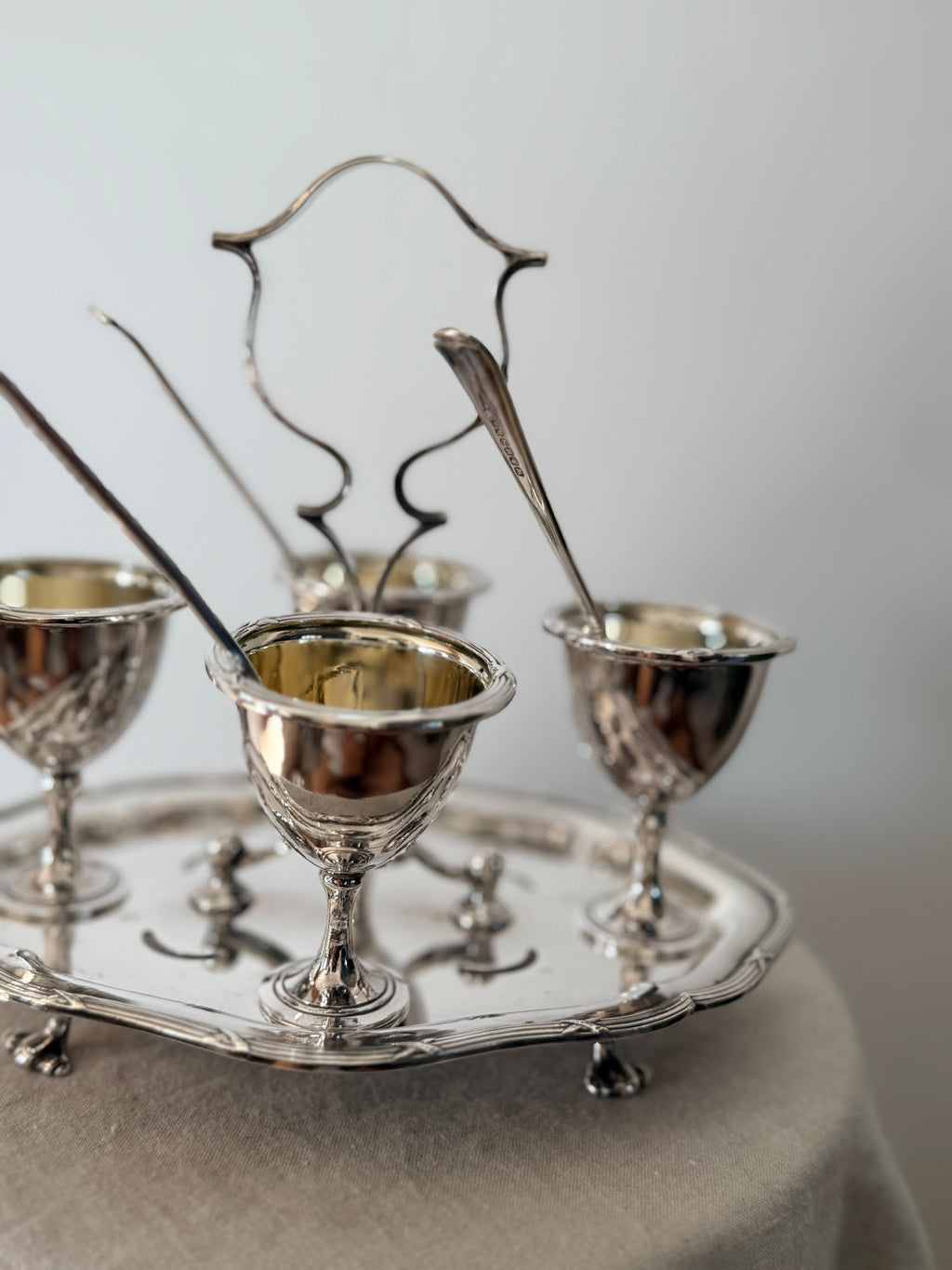 Antique Cruet Set Eggcup Carousel Display with Spoons- Walker & Hall Silverplated