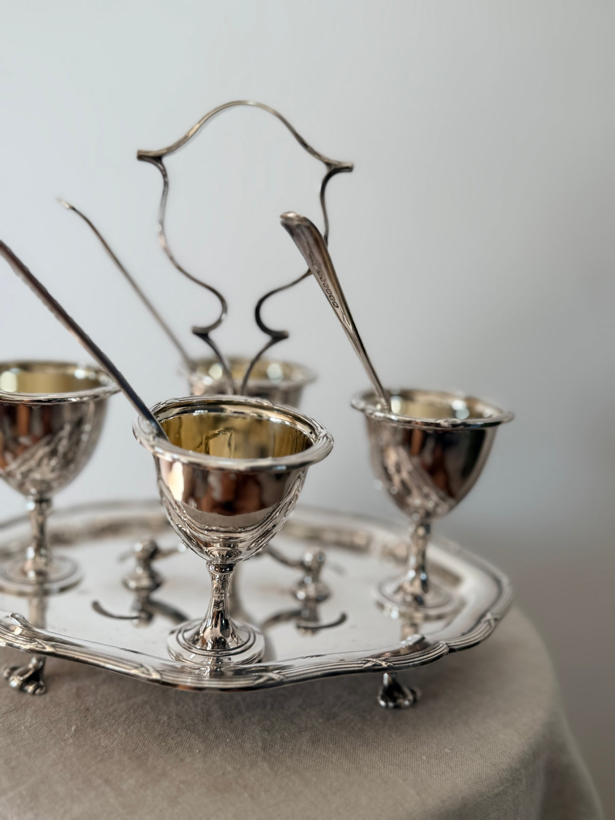 Antique Cruet Set Eggcup Carousel Display with Spoons- Walker & Hall Silverplated