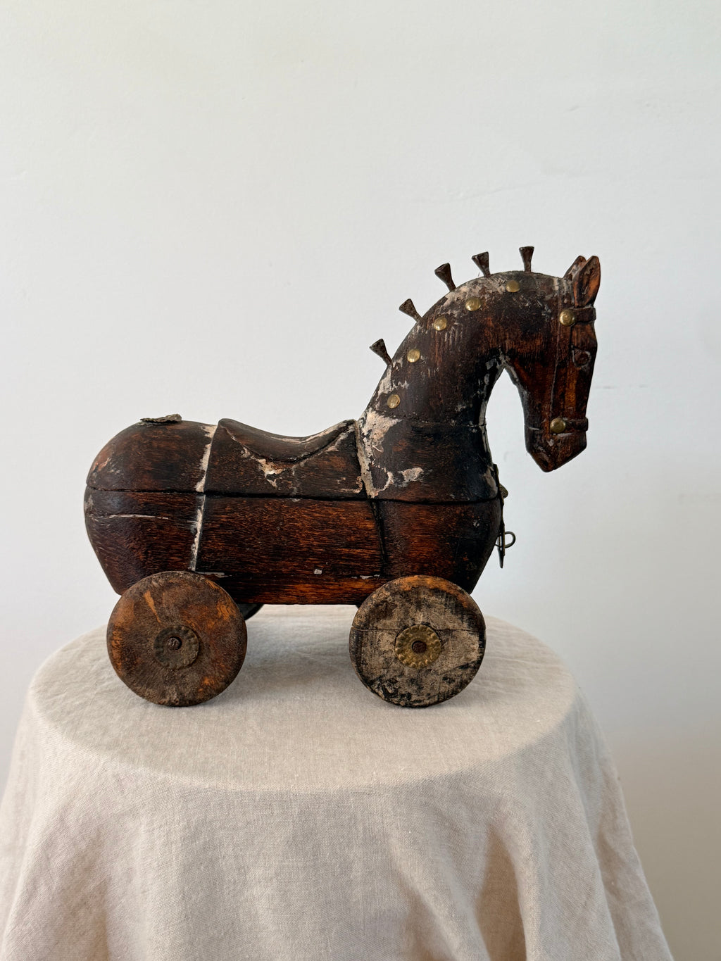 Antique Indian Wooden Horse on Wheels - Storage Box
