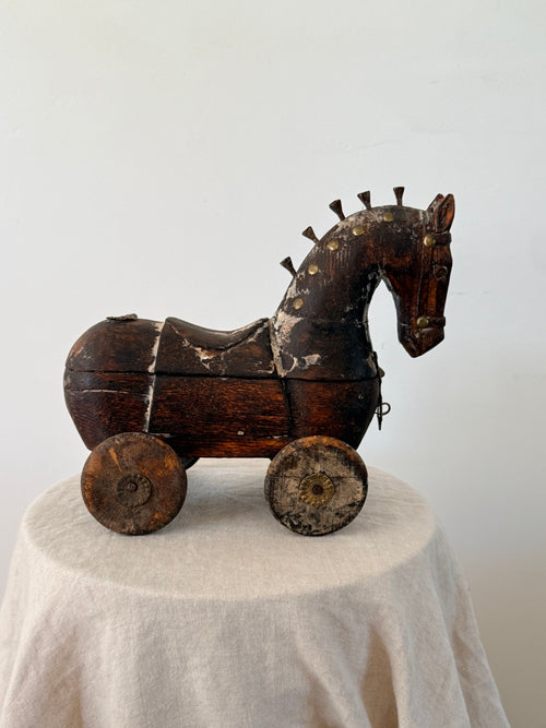 Antique Indian Wooden Horse on Wheels - Storage Box
