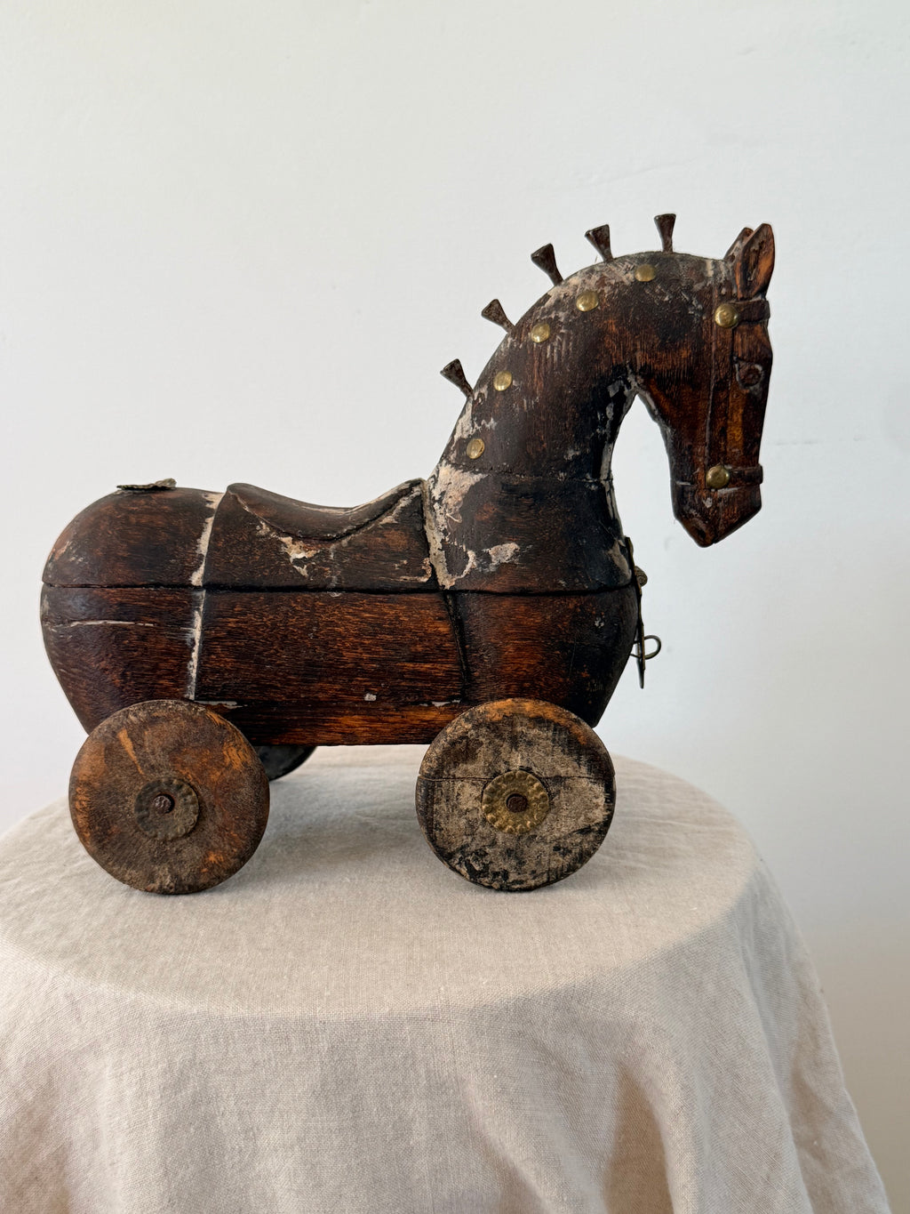Antique Indian Wooden Horse on Wheels - Storage Box