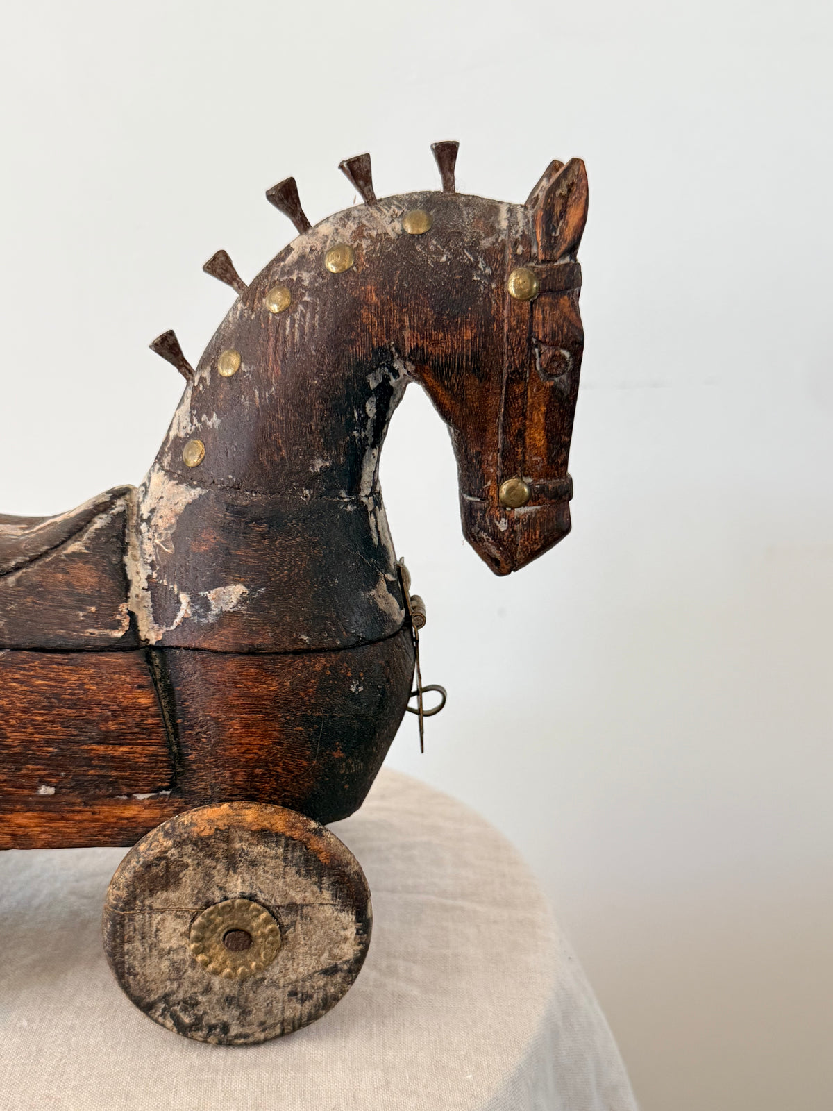 Antique Indian Wooden Horse on Wheels - Storage Box