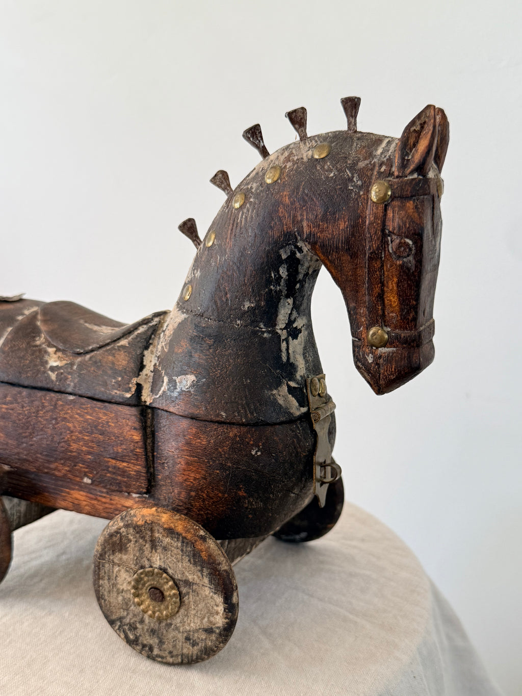 Antique Indian Wooden Horse on Wheels - Storage Box