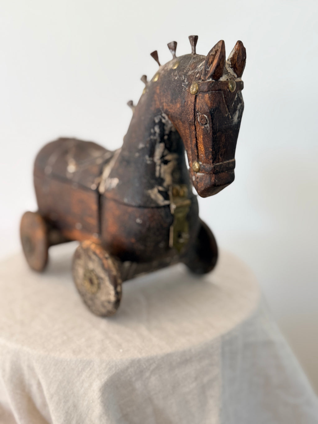 Antique Indian Wooden Horse on Wheels - Storage Box