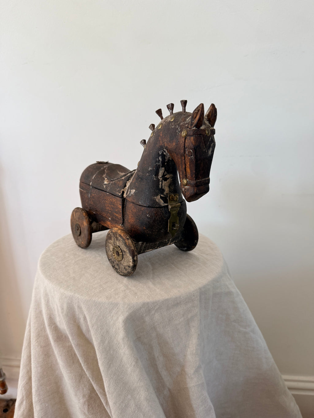 Antique Indian Wooden Horse on Wheels - Storage Box