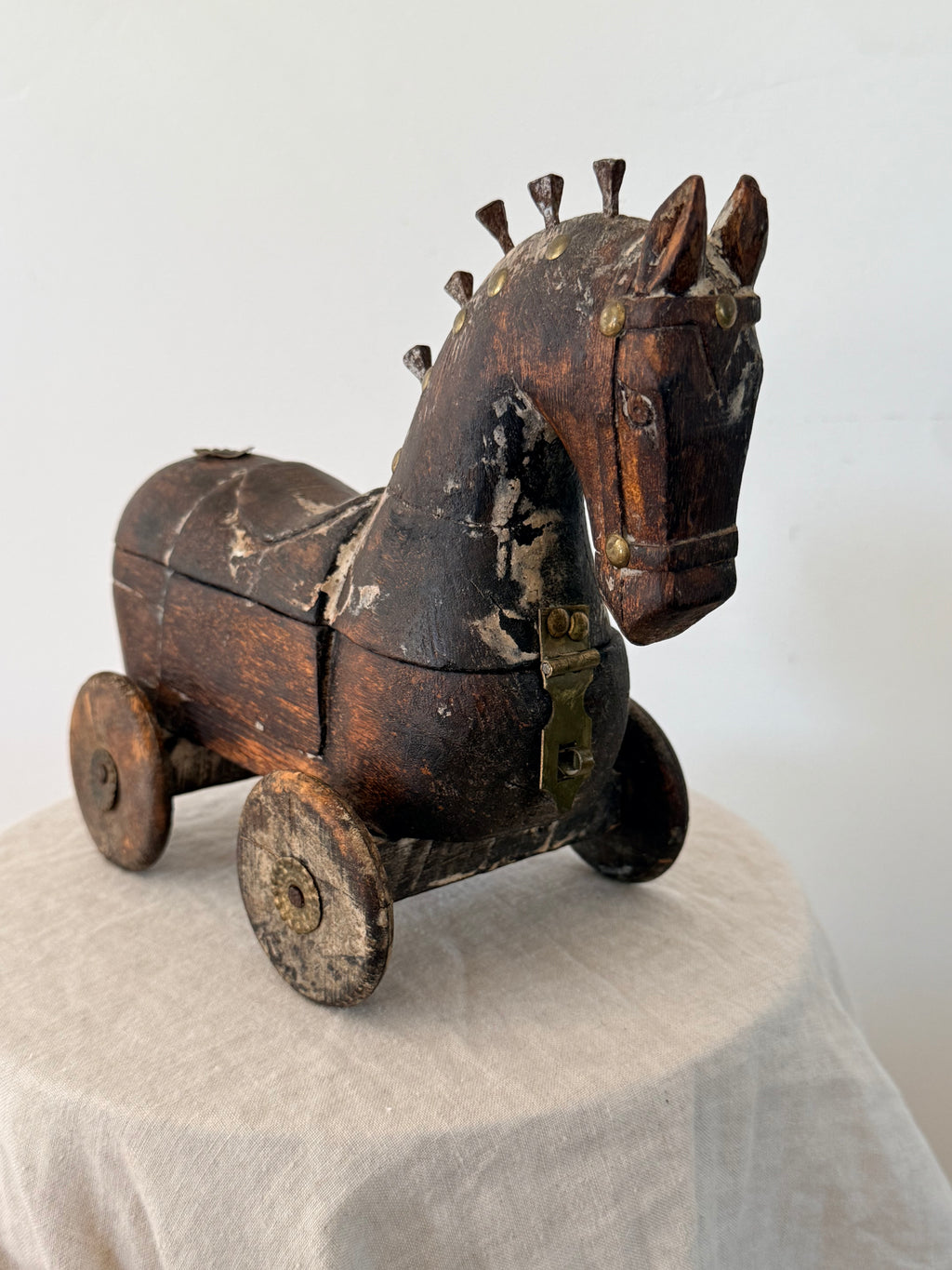 Antique Indian Wooden Horse on Wheels - Storage Box