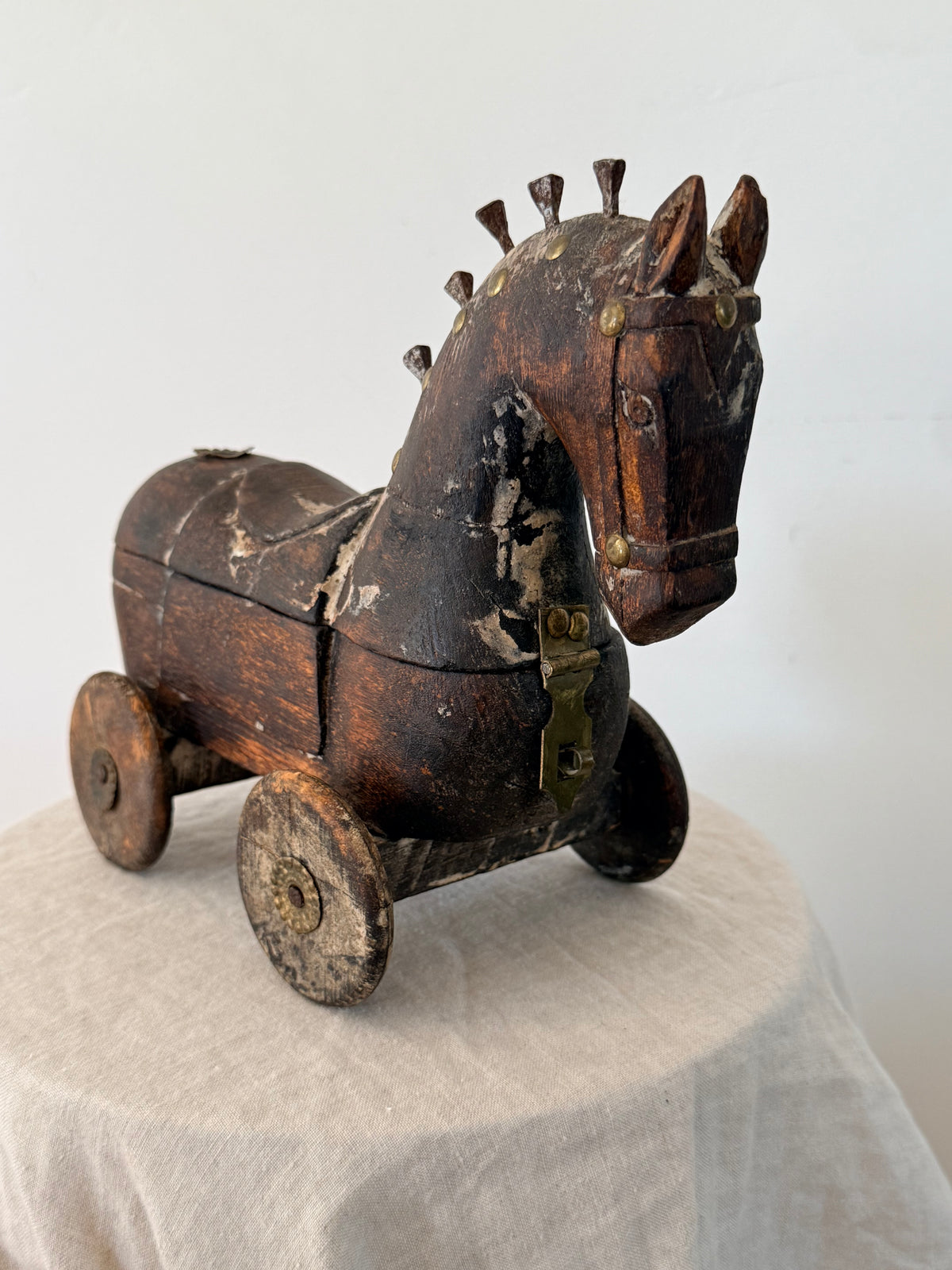Antique Indian Wooden Horse on Wheels - Storage Box