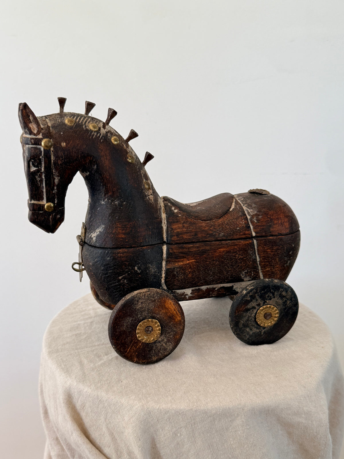 Antique Indian Wooden Horse on Wheels - Storage Box