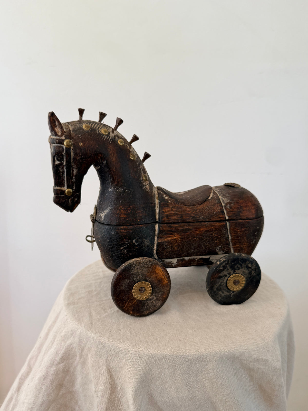 Antique Indian Wooden Horse on Wheels - Storage Box