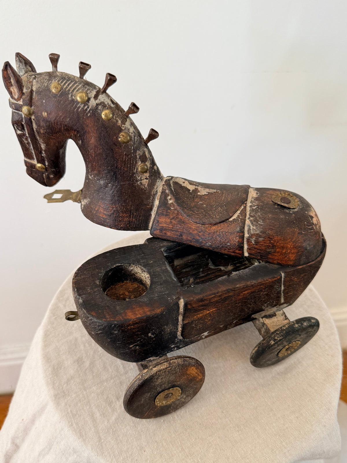 Antique Indian Wooden Horse on Wheels - Storage Box